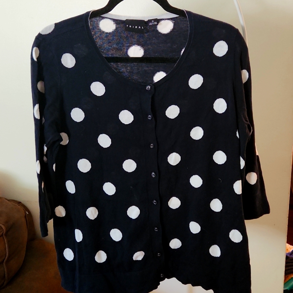 Navy blue and white polka dot button down sweater